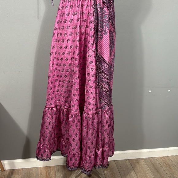 Women’s Silk Maxi Layered Open Back Shoulder Tie Purple Pink Dress OS - Picture 16 of 16